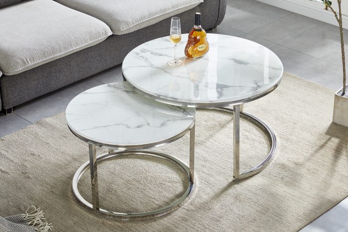 Table basse gigogne couleur marbre blanc ronde Silver Ferucci