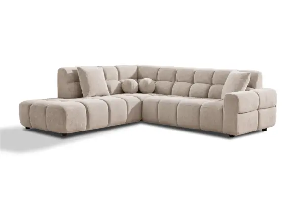 Canapé d'angle BELLAGIO capitonné en tissu chenille beige